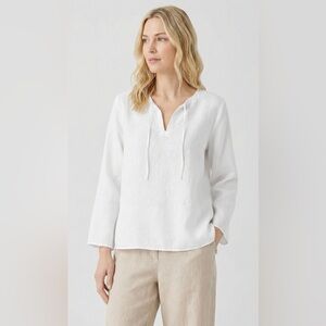 Eileen Fisher White Organic Handkerchief Linen Round Neck Top
